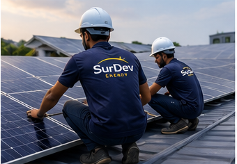 SurDev Energy solar engineers installing rooftop solar panels in Indore, Madhya Pradesh