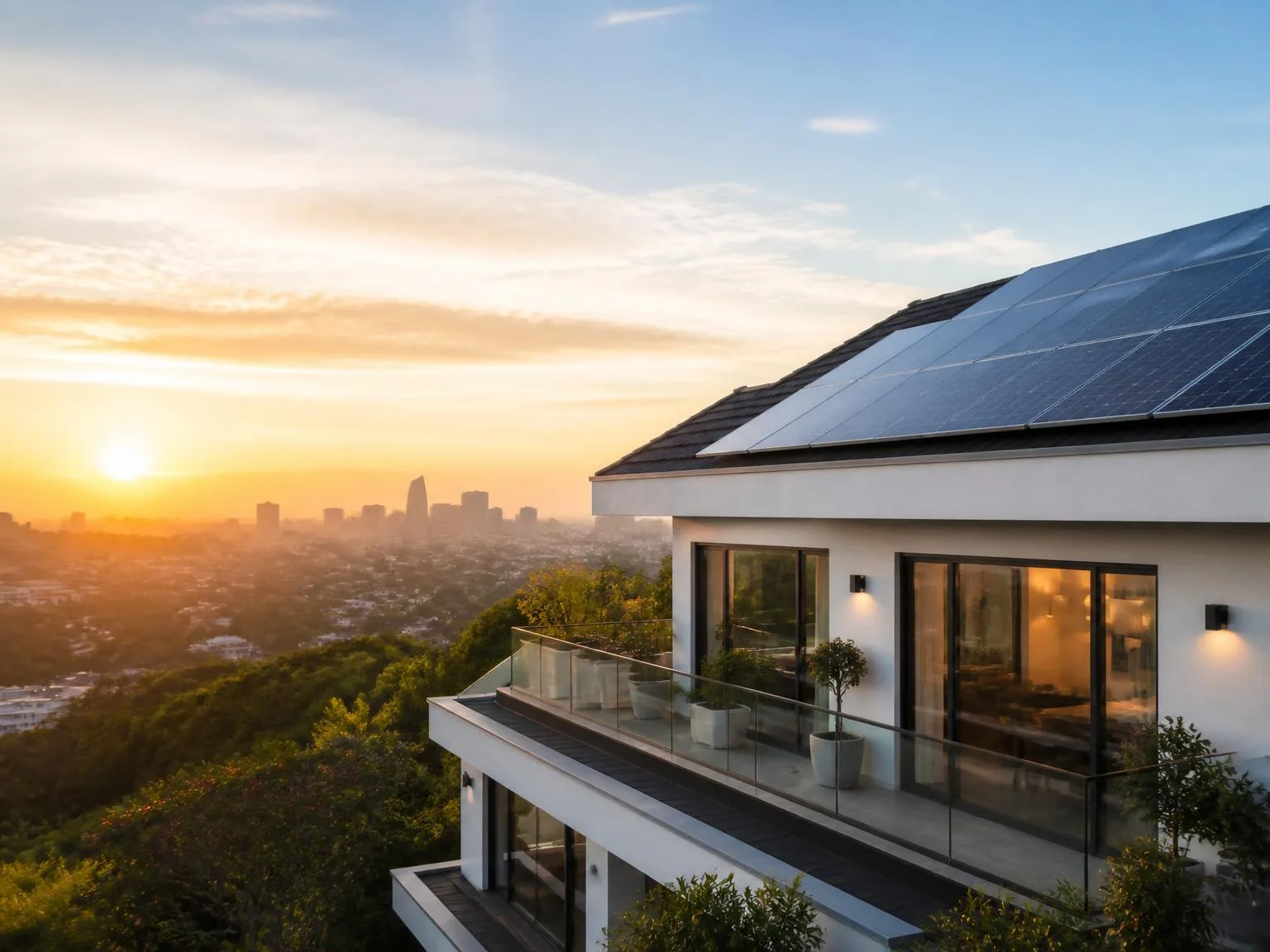Modern home in Indore with rooftop solar panels at sunrise