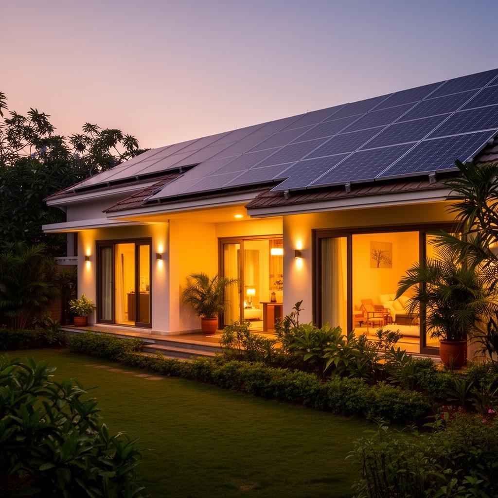 Home with rooftop solar at dusk