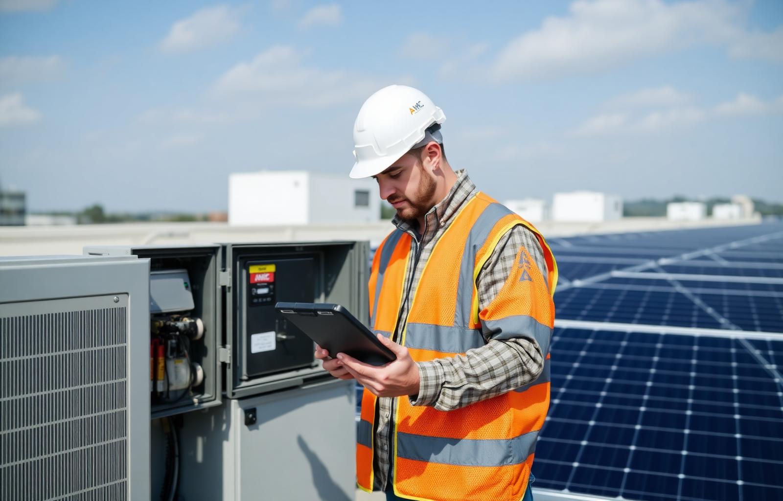 Solar engineer performing AMC inspection on rooftop solar plant
