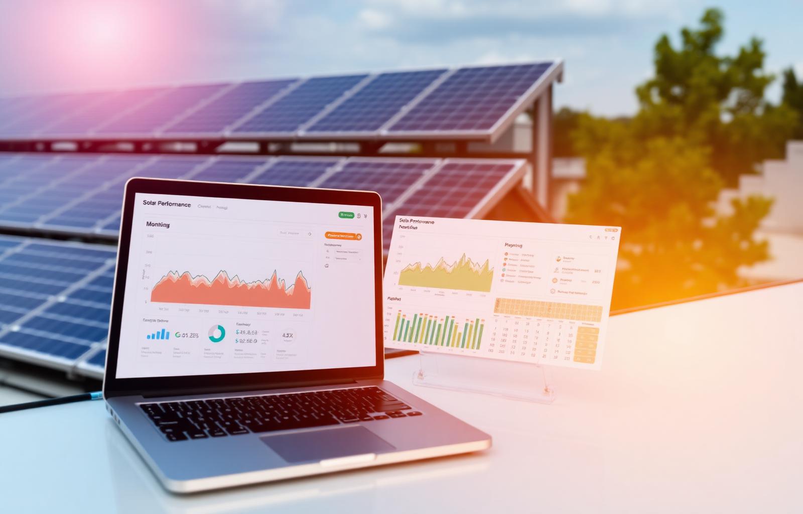 Solar performance monitoring dashboard next to rooftop solar panels