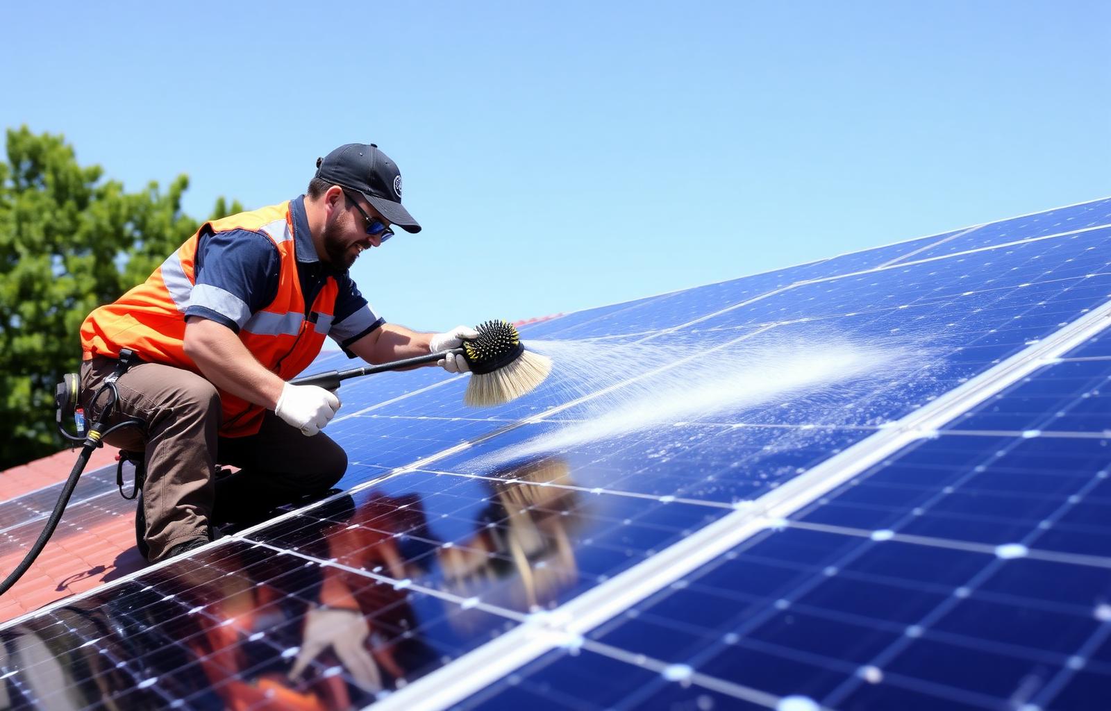 Technician cleaning rooftop solar panels with soft brush and water